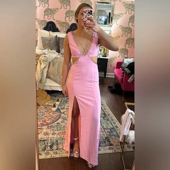 Majorelle Matteson Gown Pink‎ Crystal Strap Cutout Waist Plunge Sleeveless Sz S - Picture 3 of 15